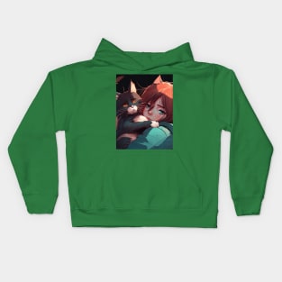 2d illustration of woman hugs her cat in anime style Kids Hoodie